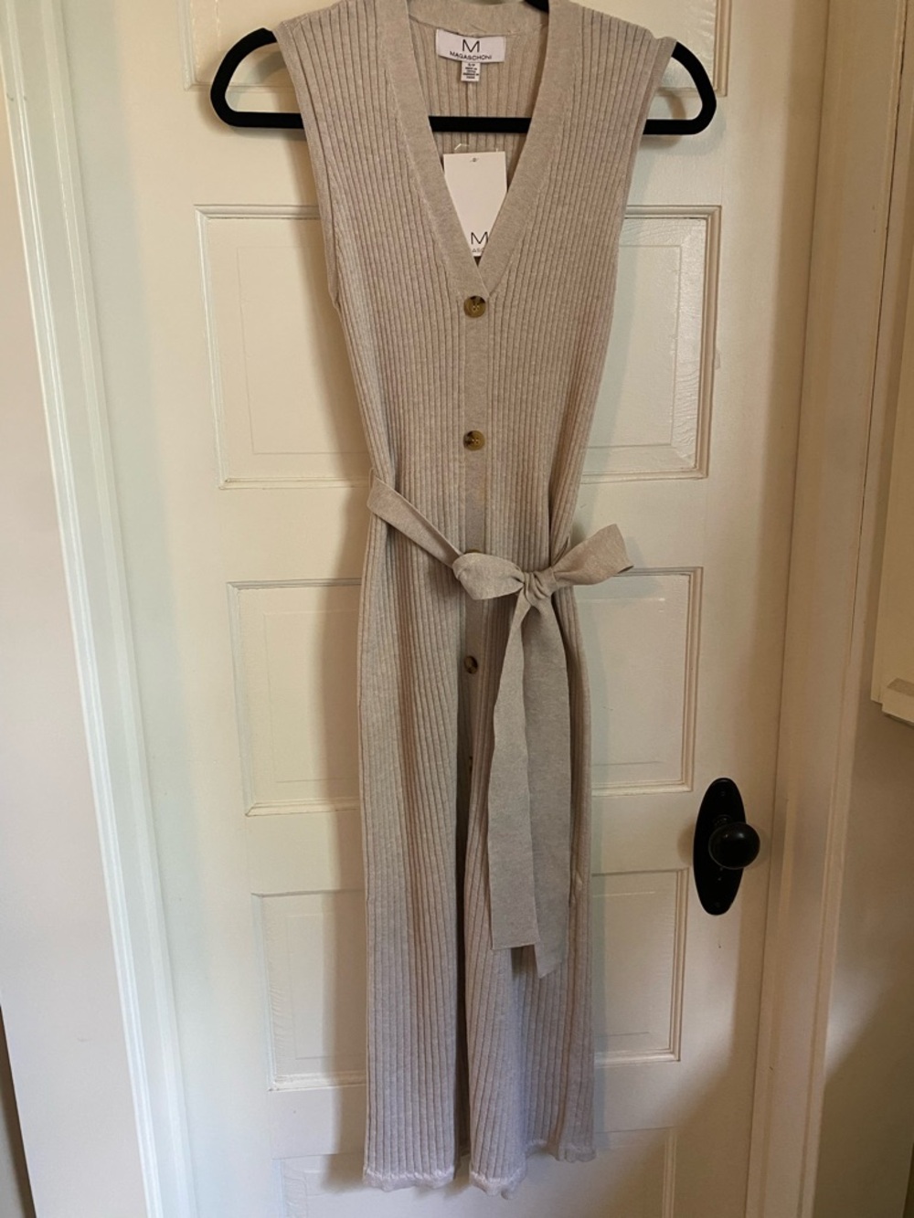 Magaschoni Sleeveless Ribbed Knit MIDI Dress in Light Beige